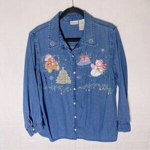 Vintage White Stag Plus Med Wash Denim Embroidered Button Up Top 16W